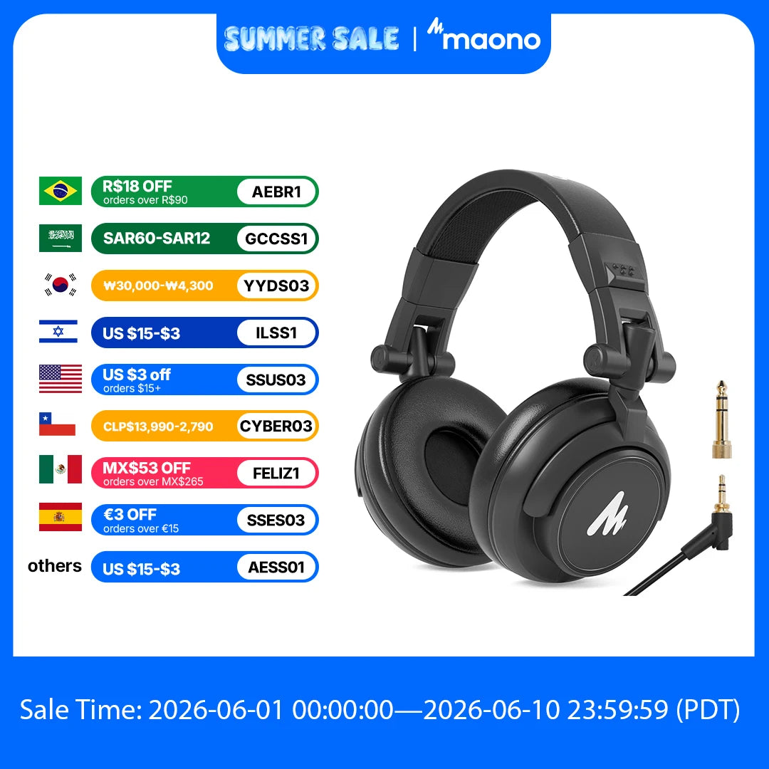 MAONO MH601 Studio Monitor Headphones with Detachable Plug & Cable 50mm Driver Wired Headset Over-Ear Headphones for DJ Studio