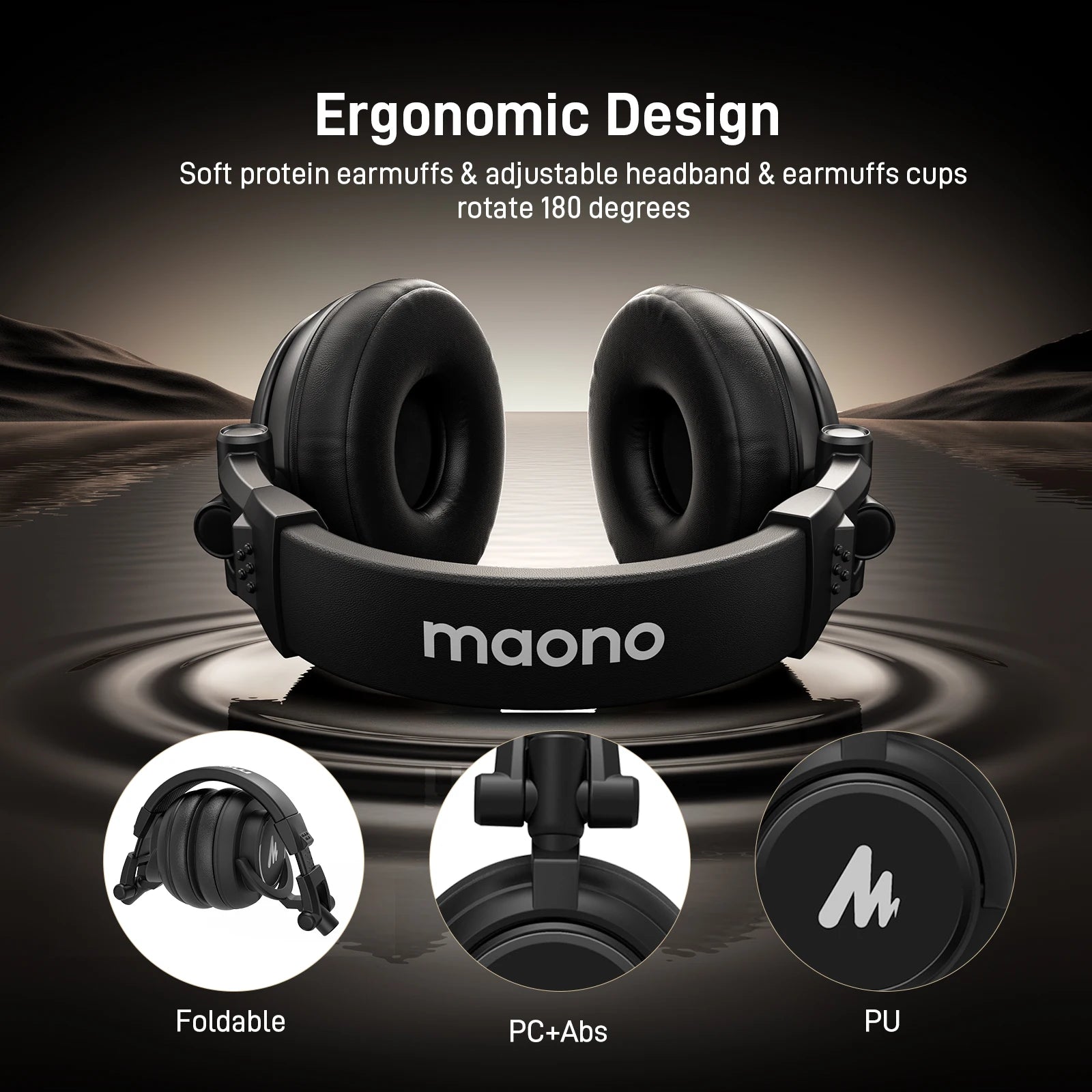 MAONO MH601 Studio Monitor Headphones with Detachable Plug & Cable 50mm Driver Wired Headset Over-Ear Headphones for DJ Studio