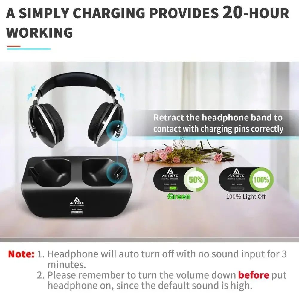 Wireless TV Headphone Artiste ADH300 2.4GHz Digital Over-Ear Stereo Headphone for TV 100ft Distance Transmitter Charging Dock
